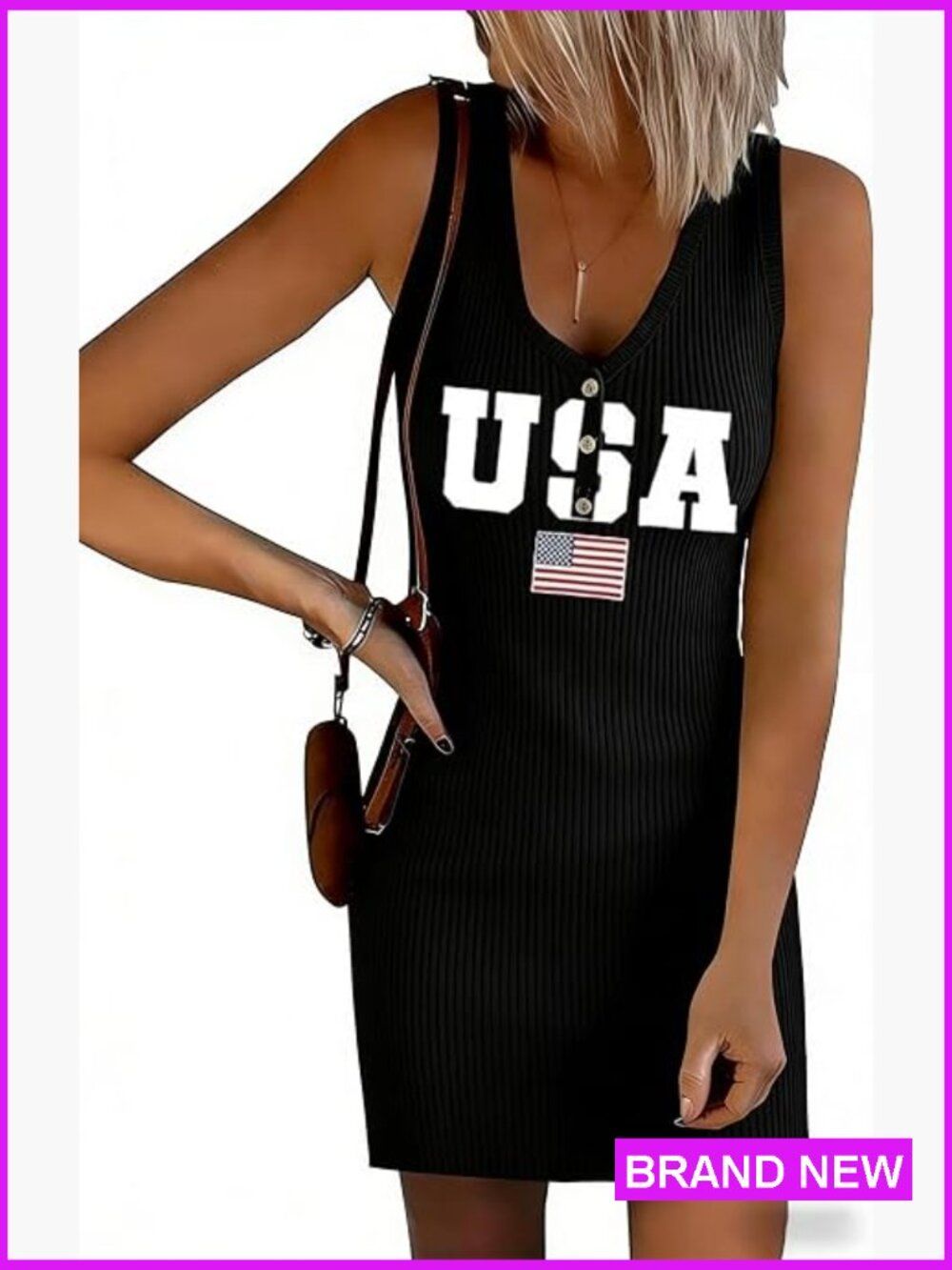 Ribbed Tank Mini Dress Patriotic V Neck Button Henley Beach Sleeveless